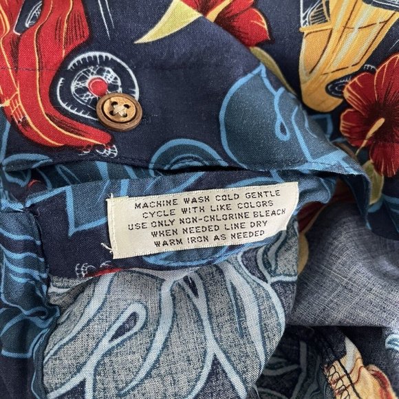 Vtg M.E. Sport Blue Hawaiian Short Sleeve Shirt Aloha Cars Cocktails - Picture 5 of 5